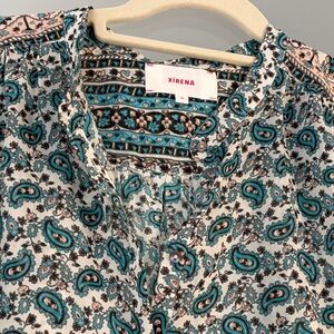 XiRENA Teal and Cream Floral Paisley loose fit Blouse